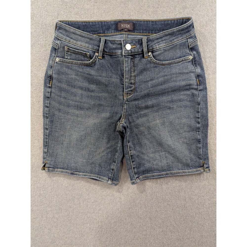 NYDJ Jean Shorts Womens Size 8 Blue Bermuda Denim flat Front Faded Whiskers